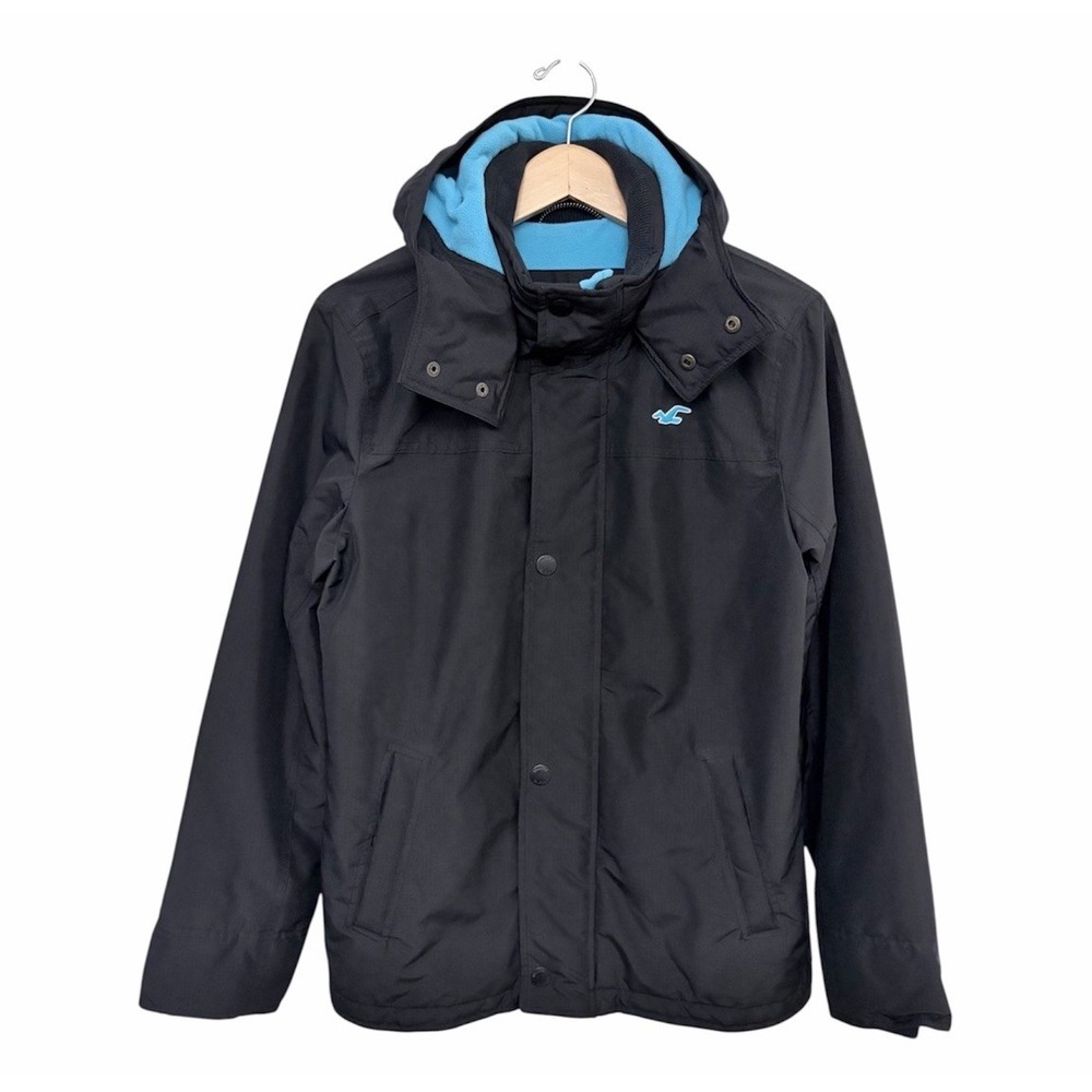 Hollister All Weather Jacket Mens Small S Black Blue Fleece Hooded Winter Coat
